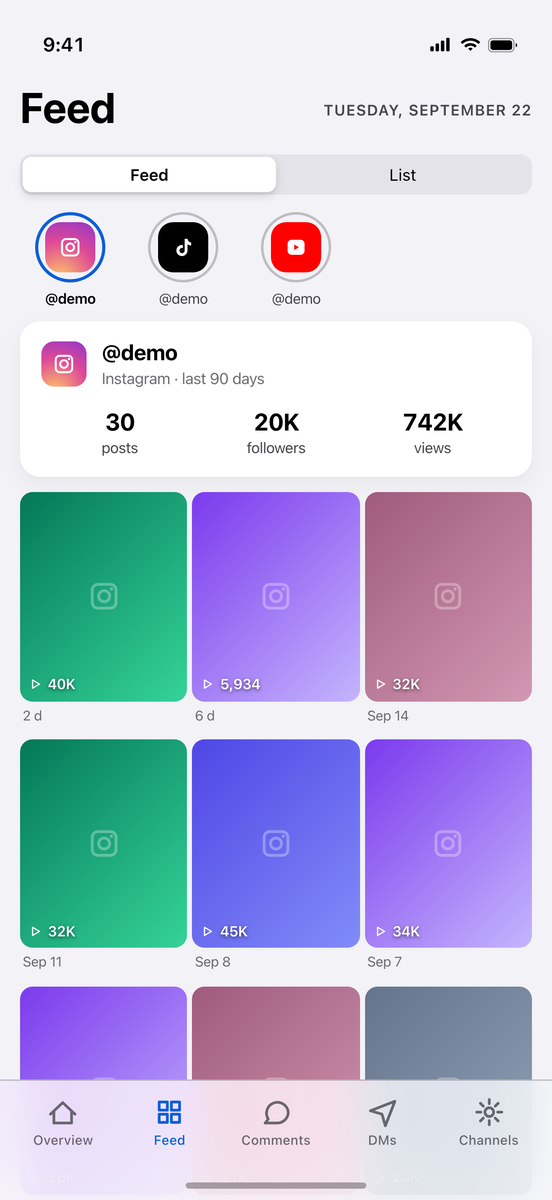 The Feed screen with a channel picker, a profile header and a grid of posts